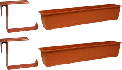 Set van 2 kunststof plantenbakken terracotta rechthoekig 80 cm met 4 verstelbare railing beugels