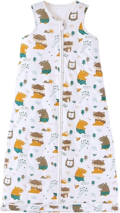 Famanu - Babyslaapzak voor het hele jaar, 2,5 TOG-slaapzak voor peuters, mouwloos, winterslaapzak met instelbare lengte, natuurlijk katoen, jungle-dieren, 90 cm, babylengte 80-95 cm