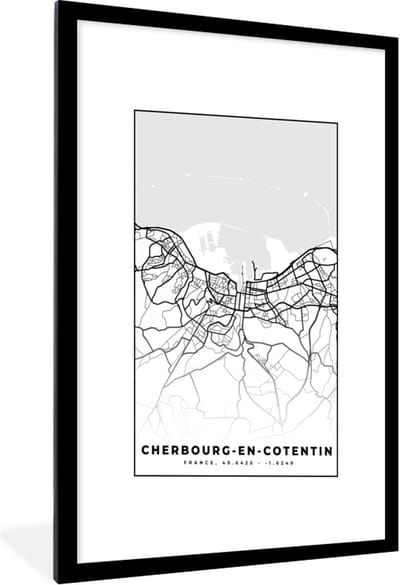 Fotolijst incl. Poster Zwart Wit- Plattegrond - Cherbourg-en-Cotentin - Kaart - Frankrijk - Stadskaart - Zwart wit - 60x90 cm - Posterlijst