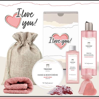 Geschenkset “I Love You!” - 6 producten - 680 gram - Triomf Cosmetica | Giftset voor haar Verjaardag Cadeau Valentijnsdag Valentijn Luxe wellness cadeaubox Vriendin Vrouw Meisje Cadeaupakket Liefde Geschenk Pakket Douchegel Gift Set Roze