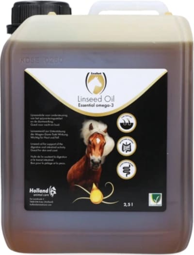 Excellent Lijnzaadolie 2.5 L - Supplement paard met Omega 3 - Paardenverozrging - Ondersteuning van spijsverteringsstelsel en darmwerking van paarden