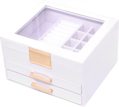 Sieradendoos met lades - Wit Glas Goudkleur Dames en Heren Ca PU leer Sieradendozen voor volwassenen van PURE White