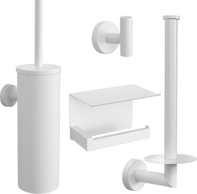 VDN Stainless Toiletaccessoireset wit 4-delig - Toiletborstelhouder - Toiletrolhouder met plankje - Handdoekhaakje - Reserverolhouder
