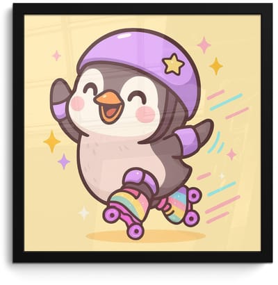 Poster in lijst - Fotolijst 40x40 cm - Posters - Pinguïn - Rolschaatsen - Geel - Energiek - Posterlijst zwart - Decoratie - Wanddecoratie woonkamer - Muurdecoratie slaapkamer