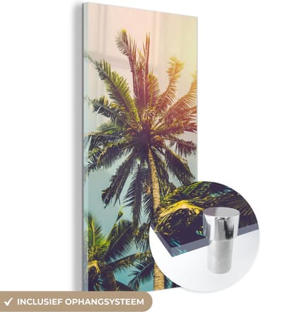 MuchoWow® Glasschilderij 20x40 cm - Schilderij acrylglas - Palmboom - Zomer - Tropisch - Zon - Foto op glas - Schilderijen