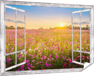 Gards Tuinposter Doorkijk Bloemenveld met Roze Kosmos - 180x120 cm - Tuindoek - Tuindecoratie - Wanddecoratie buiten - Tuinschilderij