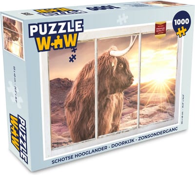 Puzzel Schotse hooglander - Doorkijk - Zonsondergang - Legpuzzel - Puzzel 1000 stukjes volwassenen