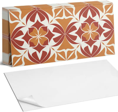 Coloray Plaktegels - Symmetrisch plantenpatroon Zelfklevende Wandtegels - 40 cm x 20 cm - Oranje Plaktegels - 10 stuks - Rechthoek PVC Tegels - Plaktegels Badkamer - Vloertegels Zelfklevend - Vinyl Tegels Zelfklevend - Portugese Tegels
