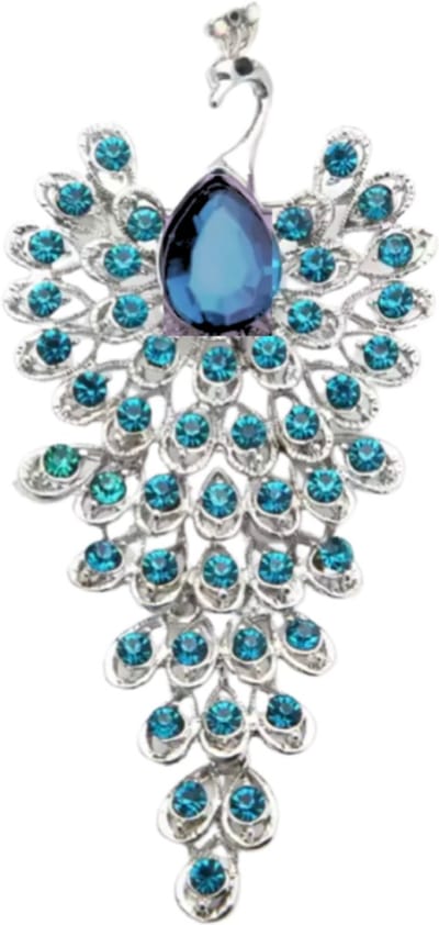Broche blauwe pauw strass zilverkleur - Charme Bijoux