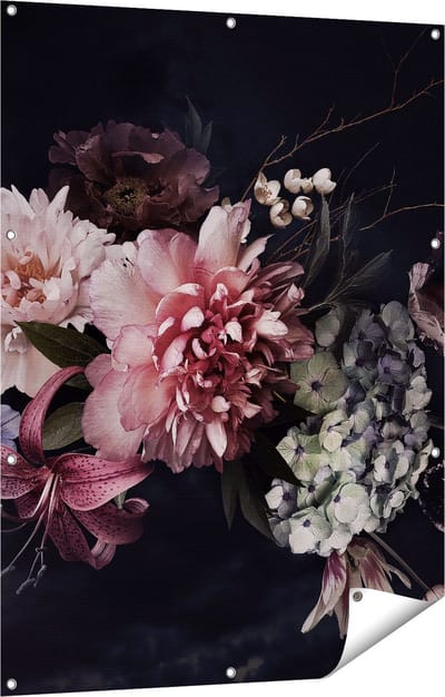 Gards Tuinposter Diverse Bloemen op Zwart Achtergrond - 90x120 cm - Tuindoek - Tuindecoratie - Wanddecoratie buiten - Tuinschilderij