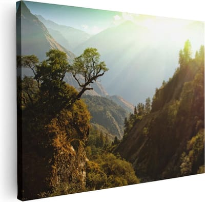Artaza Canvas Schilderij Bos - 40x30 cm - Klein - Wanddecoratie Natuur - Muurdecoratie Bergen - Schilderijen Op Canvas Zon