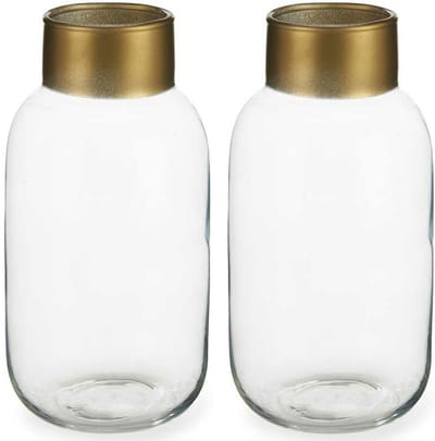 Giftdecor - Bloemenvazen 2x stuks - Glas - transparant/goud - 14 x 30 cm
