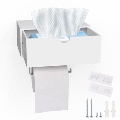 Toiletpapierhouder met box voor vochtige doekjes, zelfklevend, bamboe en roestvrij staal, wc-rolhouder voor aan de muur zonder boren, wc-rolhouder met plank voor badkamer, keuken