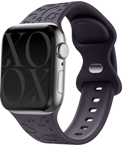 xoxo Wildhearts siliconen bandje - Geschikt voor Apple Watch - Series 1/2/3/4/5/6/7/8/9/10/SE - Maat: 38 mm / 40 mm / 41 mm / 42 mm - Hoogwaardig silicone materiaal - Horlogeband - Leopard patroon - dierenprint - dark cherry - paars