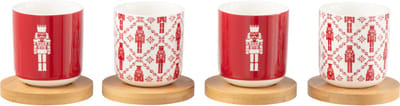 J-Line koffietas + schoteltje Notenkraker - bamboe/keramiek - rood - giftbox van 4 stuks