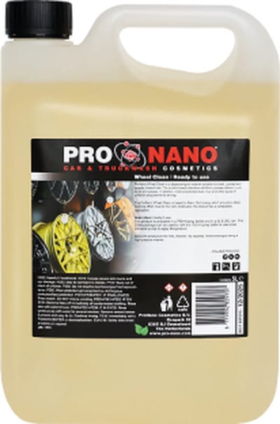 ProNano | Pro Nano Wheel Clean 5L | Ready to Use | Nano Technologie | Wheel Clean wordt gebruikt bij het reinigen van velgen. Het product bevat een unieke combinatie van ingrediënten die alle van vuil oplost. Denk aan remstof, smeer, olie