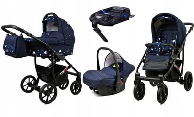 BabyLux® Kinderwagen 4in1 – LARGO - NAVY BLUE STAR BLACK FRAME - Opklapbare Wandelwagen incl. Reiswieg, Multifunctionele Buggy Sportstoel, Autostoel, ISOFIX basisstation - Combi-kinderwagen met Luiertas, Regenhoes, Klamboe