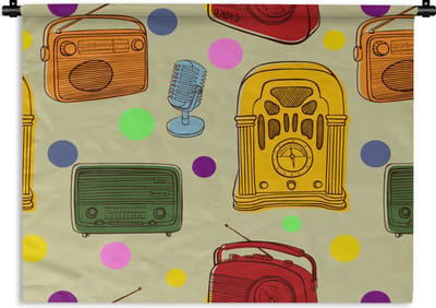 Wandkleed - Wanddoek - Vintage - Radio - Microfoon - Patroon - 60x45 cm - Wandtapijt