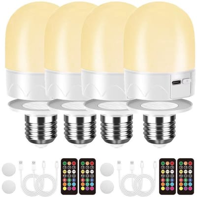 4 stuks oplaadbare USB-gloeilamp met afstandsbediening, E27-batterijlamp voor lamp, oplaadbare RGB-kleurveranderende lamp, 12 kleurtemperaturen, dimbaar, 3 timers, draadloos nachtlampje, 800 lm