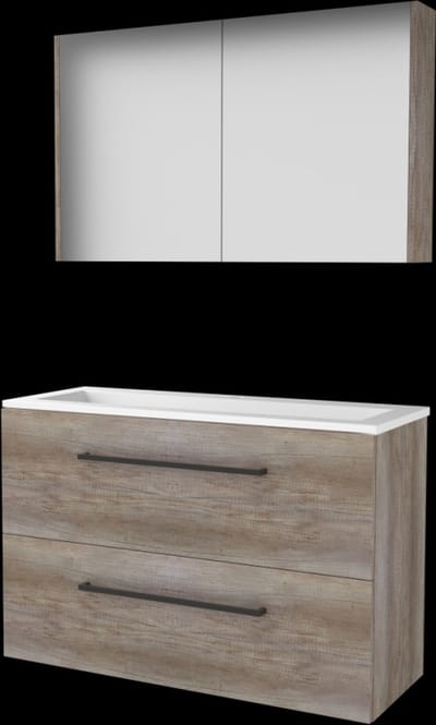 Basic Comfort 39 badmeubelset met spiegelkast, wastafelonderkast met grepen, 2 lades en acryl wastafel met 1 kraangat 100 x 39 cm, scotch oak