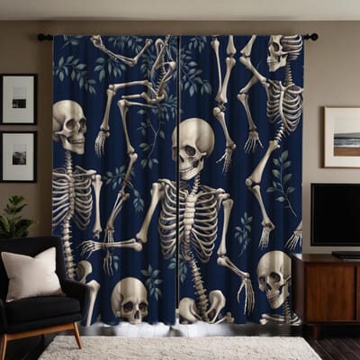 Ensemble de 2 pièces Rideau feuille verte Squelette Crâne HD Halloween Rideau imprimé numérique à nouer noir Décoration de maison style Décorer le salon ro W52H63inchW132H160cm gray