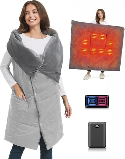 Elektrische Deken - Verwarmde Plaid - Warm Blijven - Draadloos Met Accu - 8 Verwarmingszones - Grijs