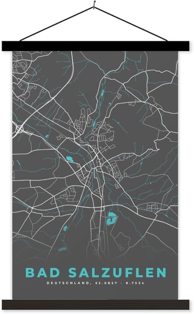 Posterhanger incl. Poster 40x60 cm - Schoolplaat - Kaart – Plattegrond – Stadskaart – Bad Salzuflen – Duitsland – Blauw - Textielposter - Zwarte latten - Stadskaart