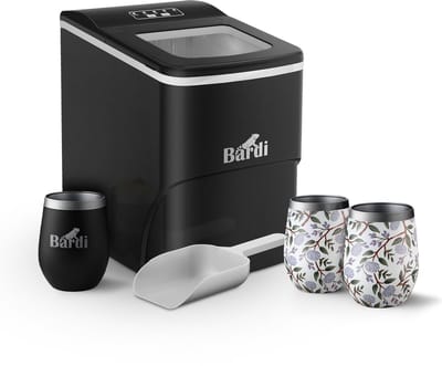 Bardi IJsblokjesmachine Set - 2 Liter Zwart - 12KG IJsblokjes in 24 uur - met IJsschep - Inclusief 3 Luxe Thermosbekers en Ijsschep - White Flower