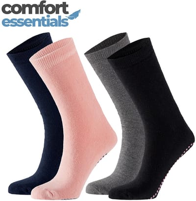 Comfort Essentials Antislip Sokken Dames - Assorti Kleuren - Maat 35-42 - 4 Paar - Gripsokken - Huissokken Antislip - Dikke Warme Badstof Zool - Ziekenhuis Sokken