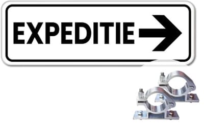 Bord expeditie pijl rechts - Weerbestendig Aluminium - 40x15 cm - Bevestiging: Met paalbeugels Ø48mm