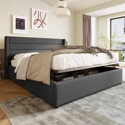 Opbergbed, gestoffeerd bed, hydraulisch tweepersoonsbed, 140x200cm, lattenbodem van hout, bed met lattenbodem van metalen frame, linnen, grijs