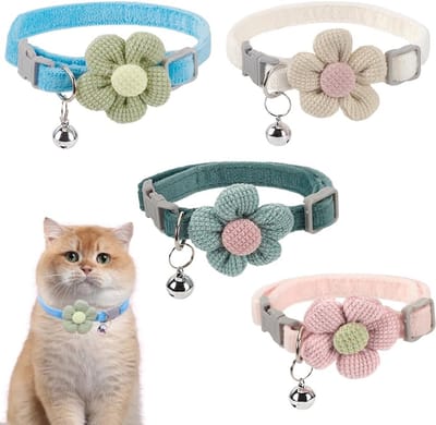Verstelbare halsband met bloem en bel voor hond of kat - Set van 4 in diverse kleuren. Het ideale accessoire voor huisdieren. Pas de lengte aan voor optimaal comfort.