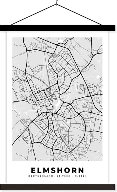 Posterhanger incl. Poster 40x60 cm - Schoolplaat - Duitsland - Stadskaart - Plattegrond - Elmshorn - Kaart - Textielposter - Zwarte latten - Stadskaart