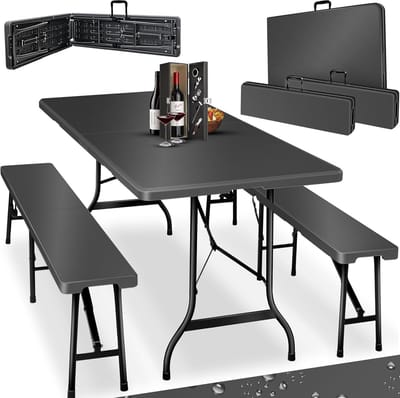 FurnStar - Tuintafel - opvouwbare tafelset 73 x 180 x 75 cm - 2 x borrelbanken 1 x tafel - tuintafel met inklapbaar handvat - Glad zwart