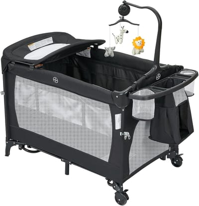 4-in-1 Multifunctioneel Campingbedje - Co-Sleeper, Reiswieg, Verschoontafel & Babybox - Inklapbaar - Inclusief Matras, Speelboog & Reistas - 0 tot 36 Maanden