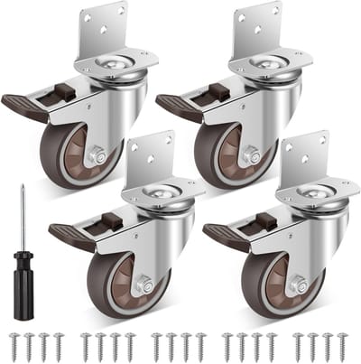 L-montageplaat 75 mm meubelwielen rubber met 4 remmen, wielen zware belasting met 450 kg draagvermogen, geluids- en spoorloze zware wielen voor meubeltransport, tafel, bed, set van 4
