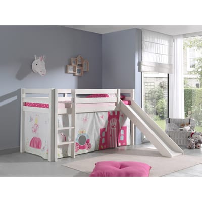 LUCEVI - Pino Halfhoogslaper + Ladder + Glijbaan + Princess Gordijntjes - Wit - 90x200 cm