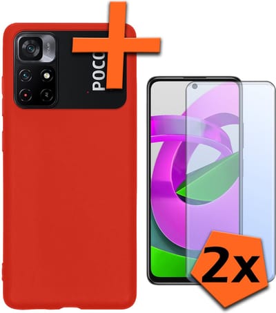 Hoes - Met 2x Screenprotector - Geschikt voor Xiaomi Poco M4 Pro 5G - Sterk & Shockproof - Back Cover - Siliconen Case - Telefoon Hoes - Rood