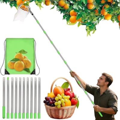 Fruitplukker met telescopische steel, roestvrijstalen verbinding en katoenen tas, ideaal voor appels, kersen en pruimen plukken, diameter 16 cm