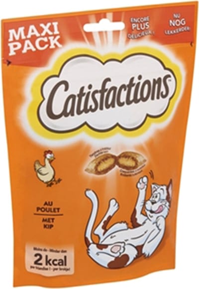 Catisfactions kattensnack MINDER DAN 2 KCAL met smakelijke kip zacht vanbinnen - knapperig vanbuiten verpakking van 180 gr