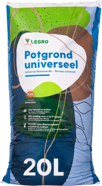Legro Potgrond Universeel 20 Liter - Kwaliteitspotgrond geschikt voor Buiten en Binnen, 9 weken Voeding, geschikt voor Buitenplanten, Tuinplanten, Binnenplanten en Kamerplanten, kan gebruikt worden in Potten, Bakken, Tuin, Moestuin en als Tuinaarde.