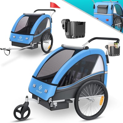 Kinderfietskar 2-in-1 voor 1-2 kinderen tot 40 kg | Veiligheidsgordel, Draaibaar Voorwiel, Jogger | Blauw