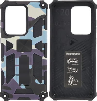 Hoesje Geschikt Voor Samsung Galaxy S20 Ultra Hoesje - Rugged Extreme Backcover Camouflage met Kickstand - Paars