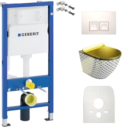 Inbouwreservoir Complete Toiletset Geberit Duofix Basic - Inbouw WC Hangtoilet Wandcloset SOFI SLIM CHECKED GOLD Gouden/Wit - Bedieningsplaat DELTA Wit - Voorwandelement - Installatiesysteem