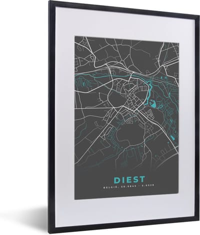 Fotolijst incl. Poster - België – Diest – Stadskaart – Kaart – Blauw – Plattegrond - 30x40 cm - Posterlijst