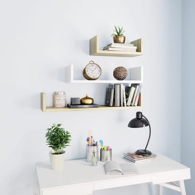 vidaXL - Wandschappen - 3 - st - bewerkt - hout - wit - en - sonoma - eikenkleur