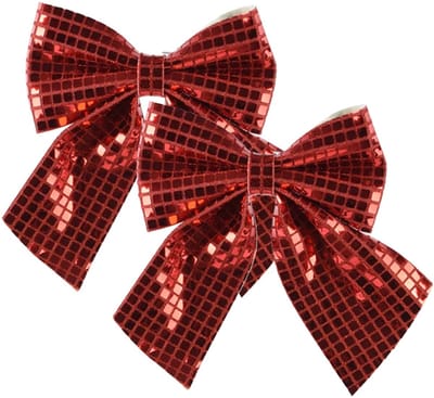 Decoris Kerst strik - 2x - rode pailletten - 20 x 24 cm - polyester - kerstversiering
