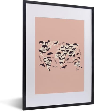 Poster in lijst - Fotolijst 30x40 cm - Posters - Wereldkaart - Dieren - Silhouet - Posterlijst zwart - Decoratie - Wanddecoratie woonkamer - Muurdecoratie slaapkamer
