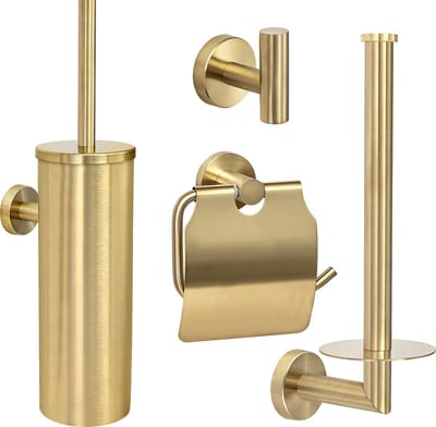 VDN Stainless Toiletaccessoireset goud 4-delig - Geborsteld RVS - Toiletborstelhouder - Toiletrolhouder met klep - Handdoekhaakje - Reserverolhouder