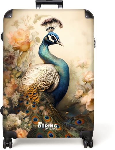 NoBoringSuitcases.com® - Koffer groot - Reiskoffer lichtgewicht - Gedetailleerde blauwe pauw met gouden gloed - Rolkoffer met 4 wielen - Grote trolley XL - 98 liter bagage